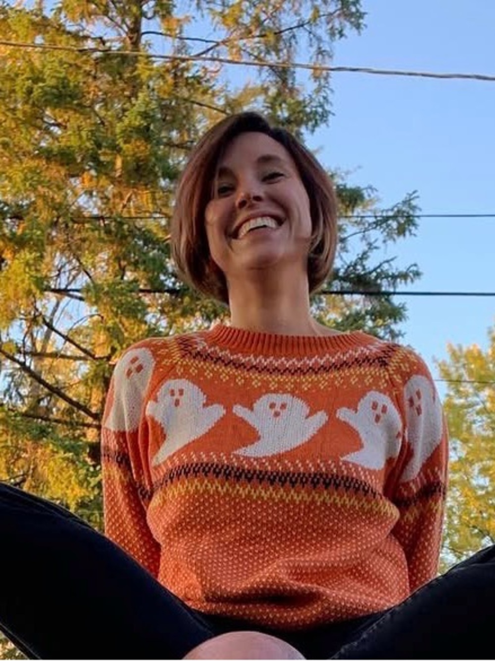 Orange Ghost Pattern Crewneck Sweater - Women